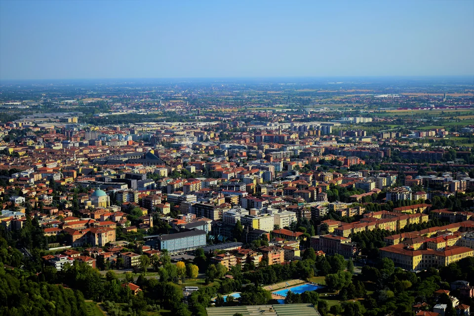 The red-roofed Lower Town and the Po plain seen from Bergamo's Upper Town