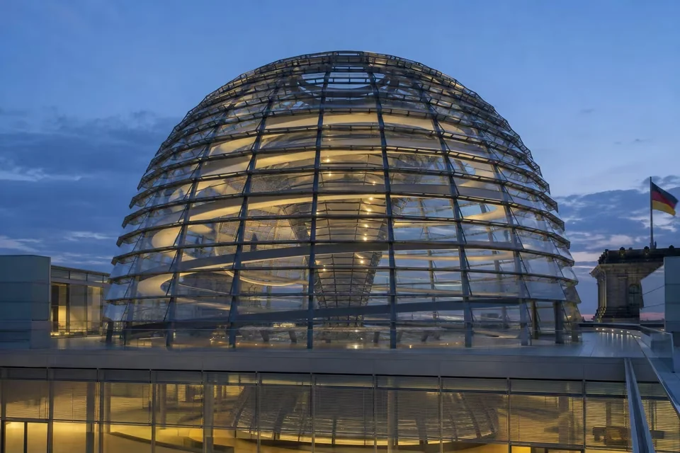 The glass dome on the roof of the Reichstag building in Berlin