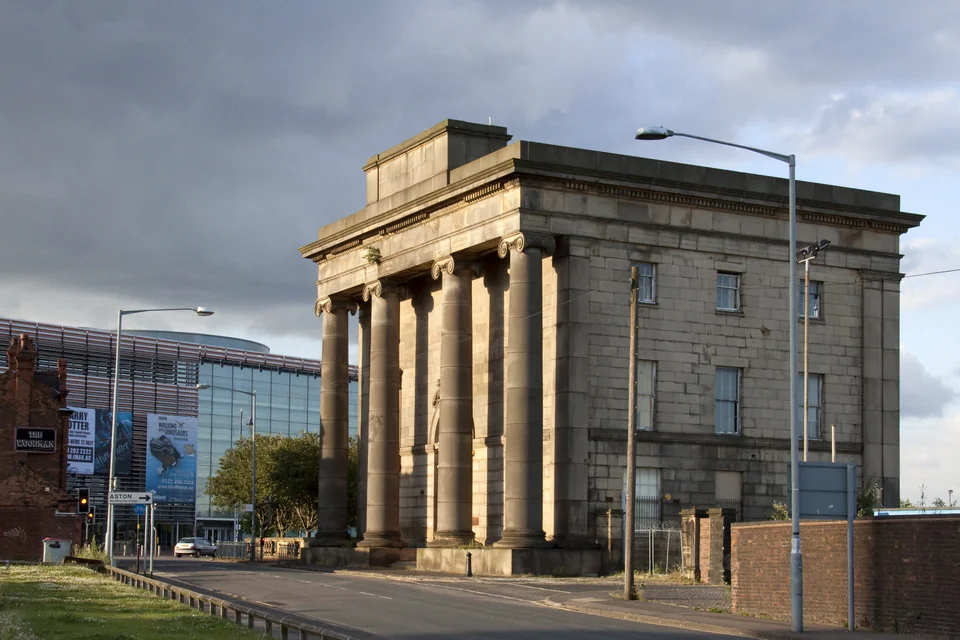 The colonnaded historic Curzon Street station building in Birmingham