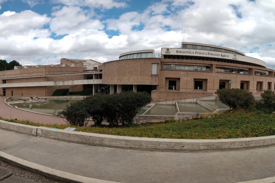 The brick Virgilio Barco Public Library and its gardens in Bogotá