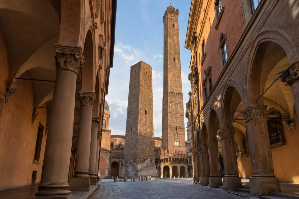 The Two Towers of Bologna leaning above the city centre