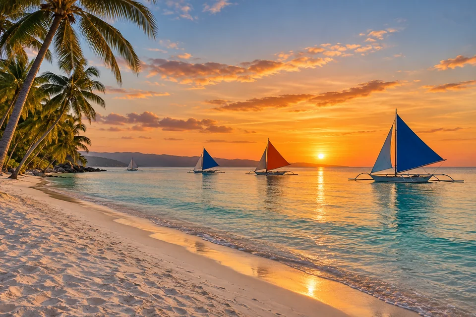 Paraw sailboats with colorful sails off White Beach in Boracay at sunset