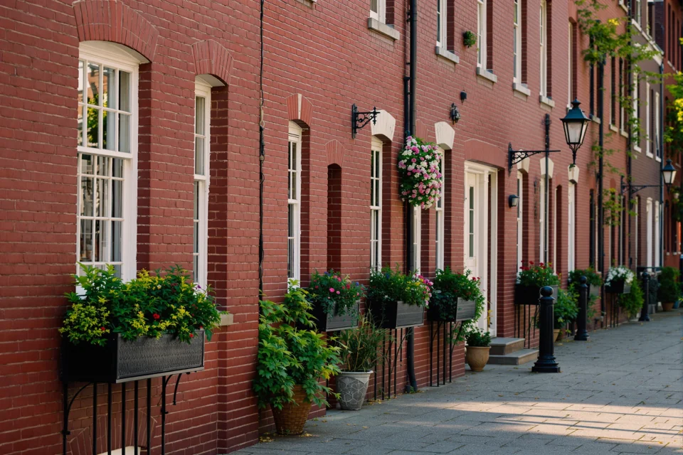Gas lamps glowing before red brick row houses in the Boston morning light
