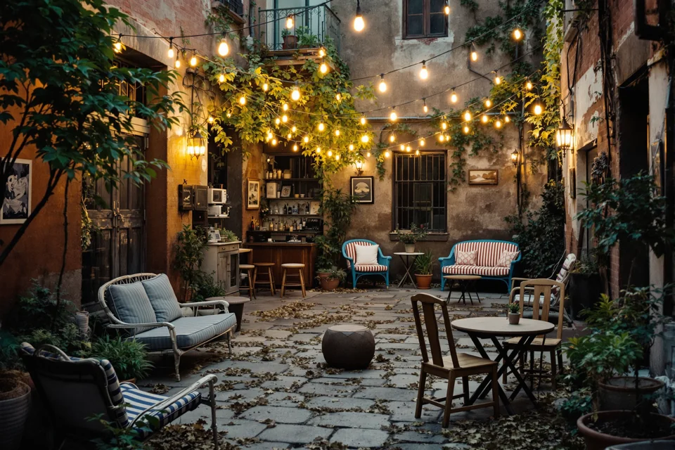 Mismatched furniture lit by evening string lights in an old courtyard bar in Budapest