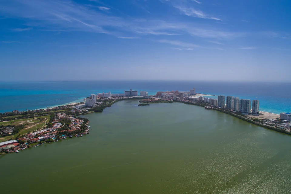 An aerial view of the Nichupté Lagoon and the hotel zone on the Caribbean shore, Cancún
