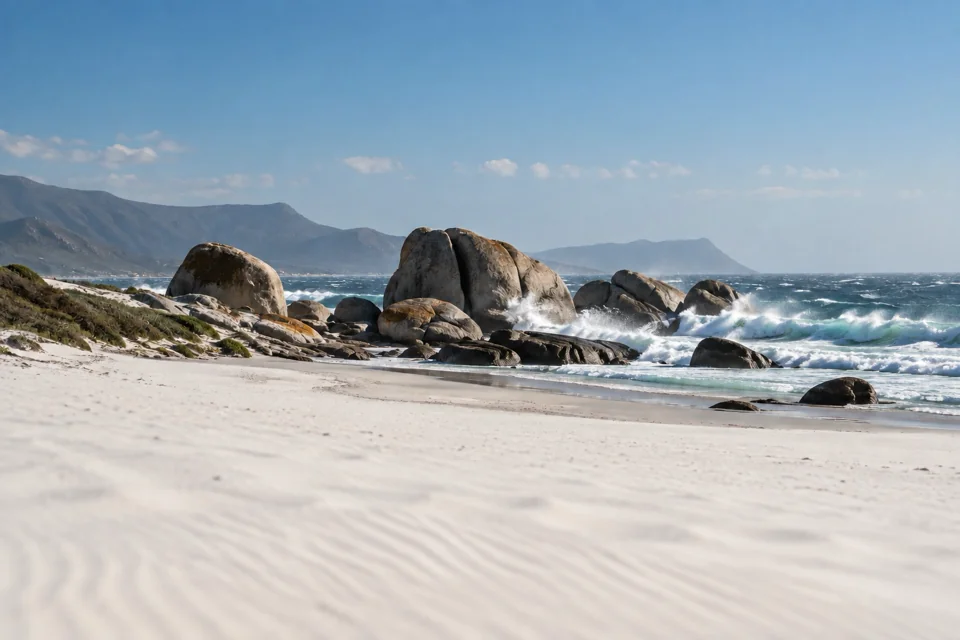 A beach strewn with granite boulders near Cape Town