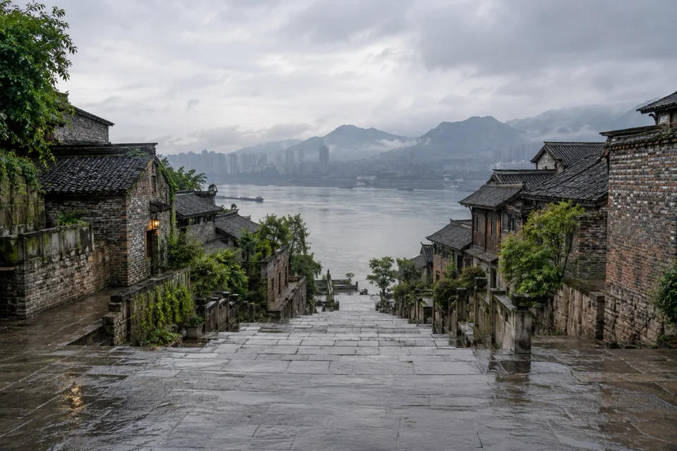 Stone stairways running down to the river in Chongqing