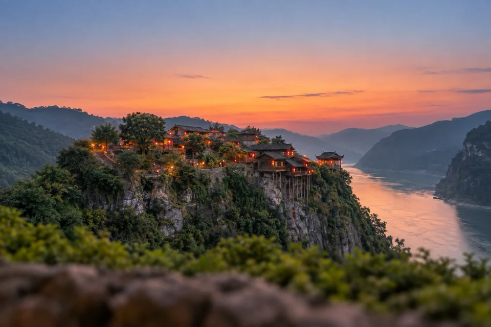 Stilt houses built on a cliff in Chongqing
