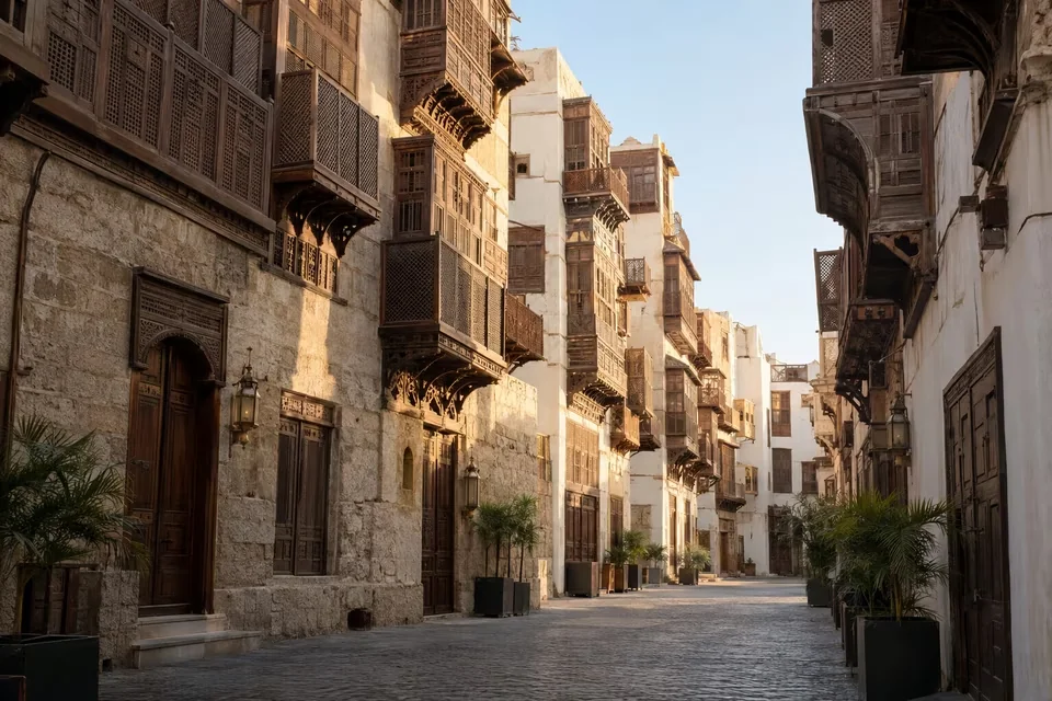 Coral stone houses with wooden bay windows in Al-Balad, Jeddah
