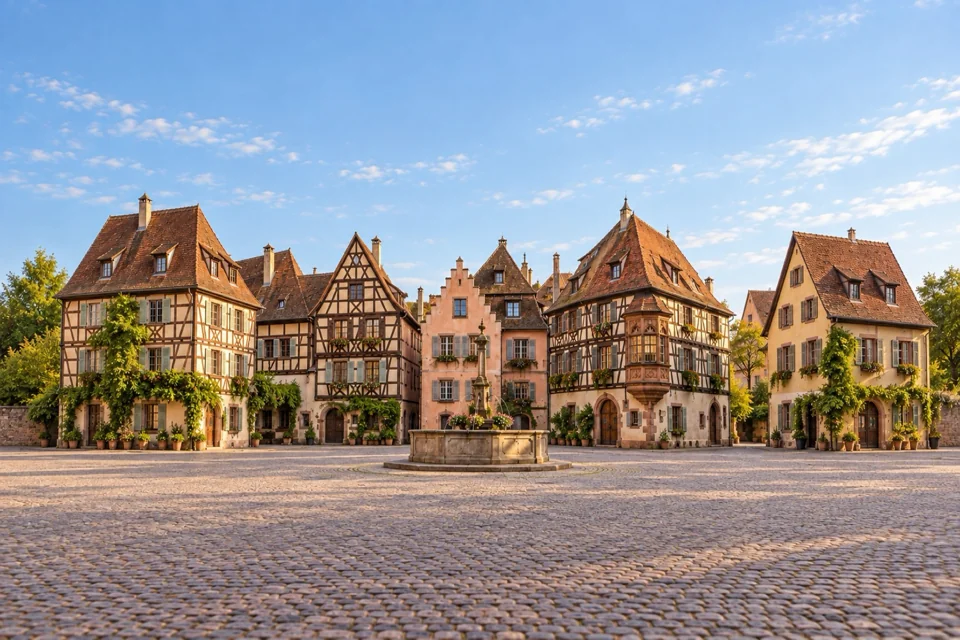 Half-timbered houses and a fountain on a square in Colmar