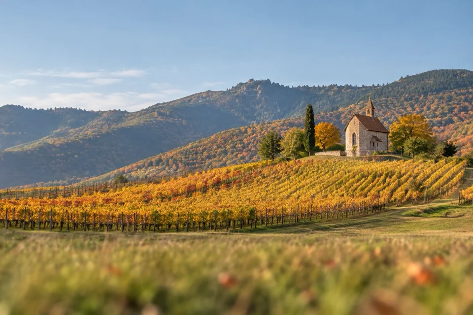 Alsace vineyards and the Vosges hills above Colmar