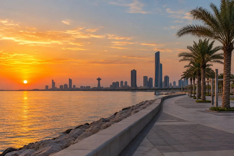 The palm-lined Dammam corniche at sunset with the city skyline behind