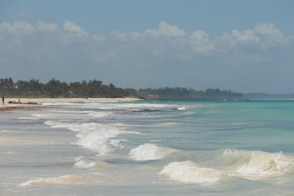 Waves breaking on the shore at Diani Beach with a wooded coast in the distance