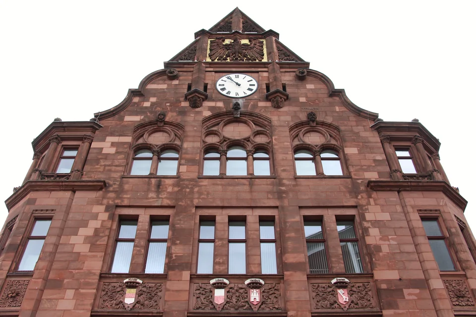The red sandstone historic Old City Hall with its clock gable in Dortmund