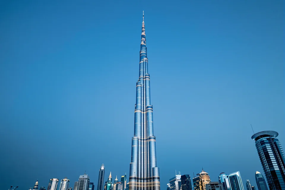 The Burj Khalifa tapering above the Dubai skyline