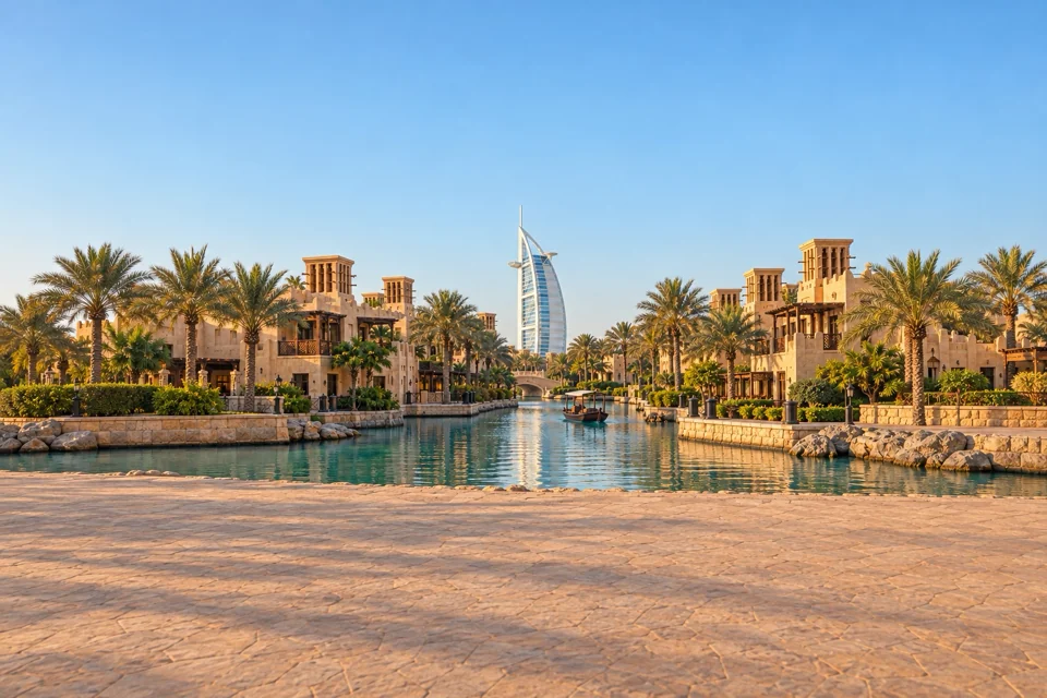 Burj Al Arab rising behind Souq Madinat Jumeirah in Dubai