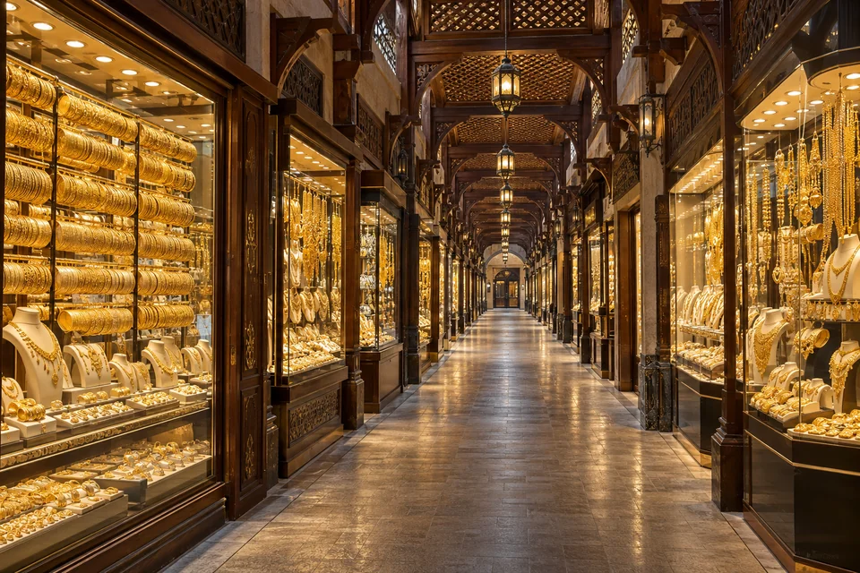 Shop windows full of gold jewellery under the wooden lattice roof of Dubai's Gold Souk