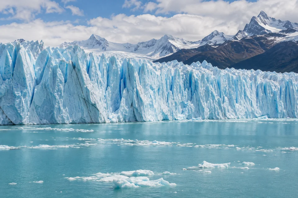 The ice wall of the Perito Moreno Glacier seen across the lake near El Calafate