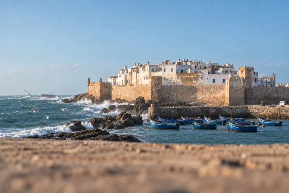 White ramparts and blue fishing boats at Essaouira