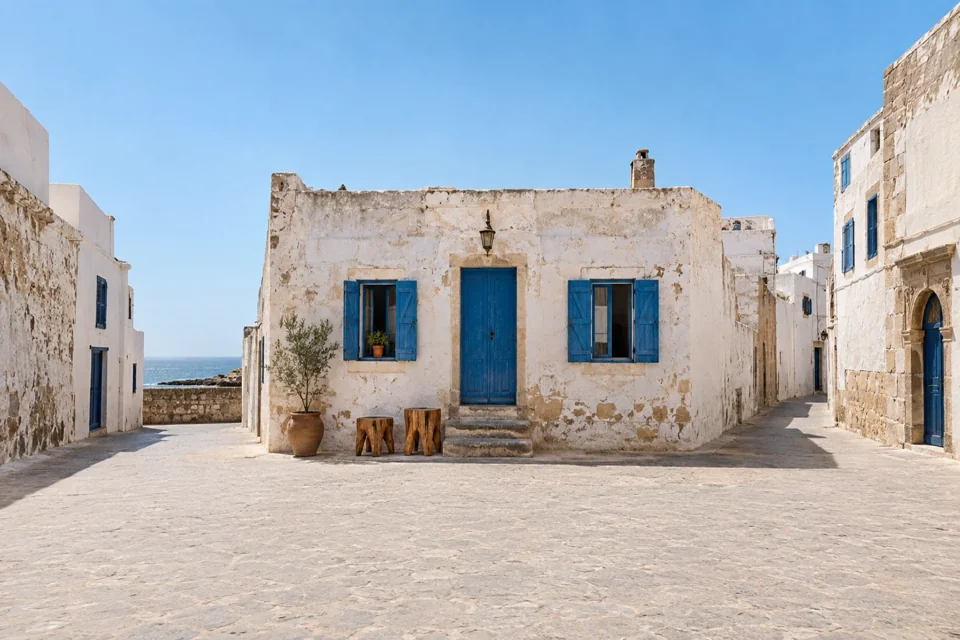 Essaouira medinasında mavi kapılı beyaz sokak