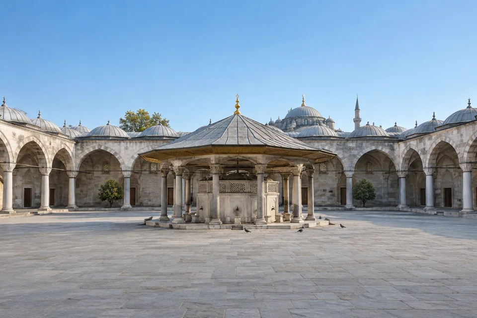 An ablution fountain in a mosque courtyard in Fatih, Istanbul