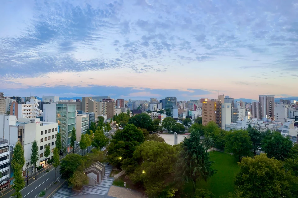 A green park and the buildings of central Fukuoka in evening light