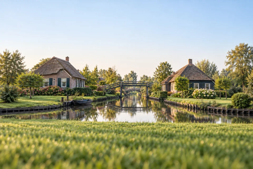 Thatched houses along a canal in Giethoorn