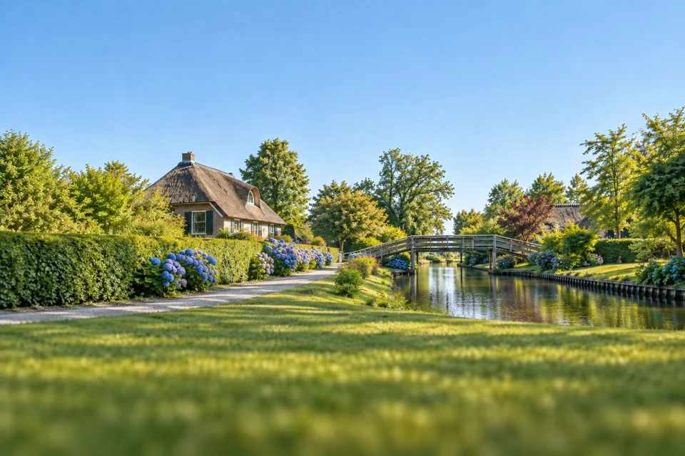 Canal-side path lined with hydrangeas in Giethoorn