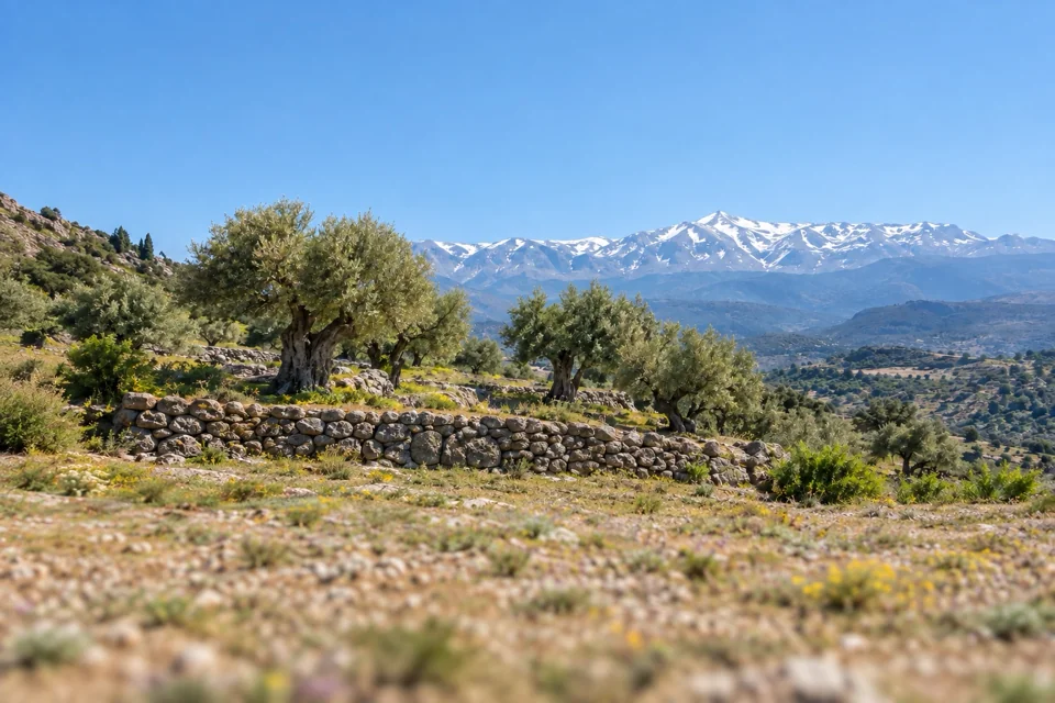 Olive terraces and the White Mountains in Crete