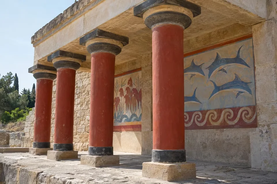 The red columns of the Palace of Knossos on Crete