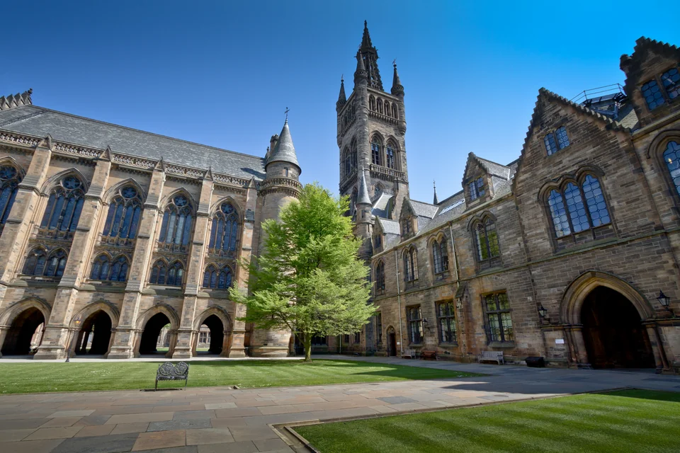 The Gothic tower and stone quadrangle of the University of Glasgow