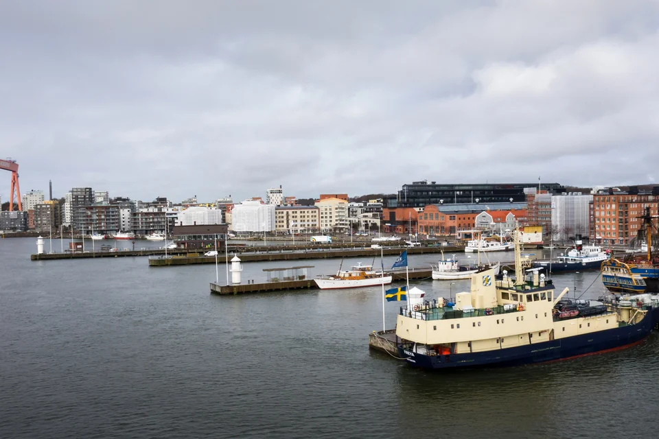 The harbour basin, a moored ship and waterfront buildings in Gothenburg