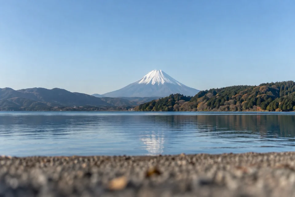 Mount Fuji beyond the lake at Hakone