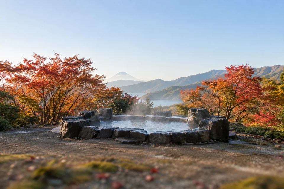 Hakone'de ormanlık yamaçta açık hava kaplıcası