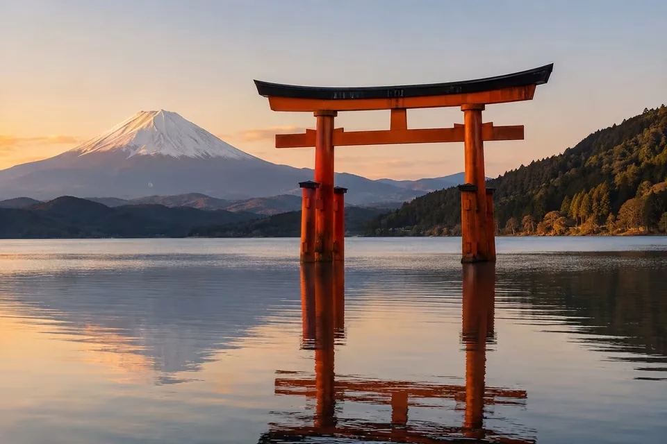 The red torii standing in the water of Lake Ashi