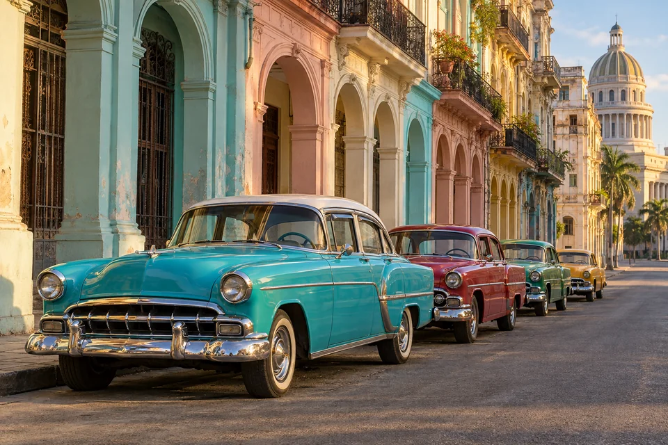 Colorful classic American cars parked on a pastel-fronted street in Old Havana