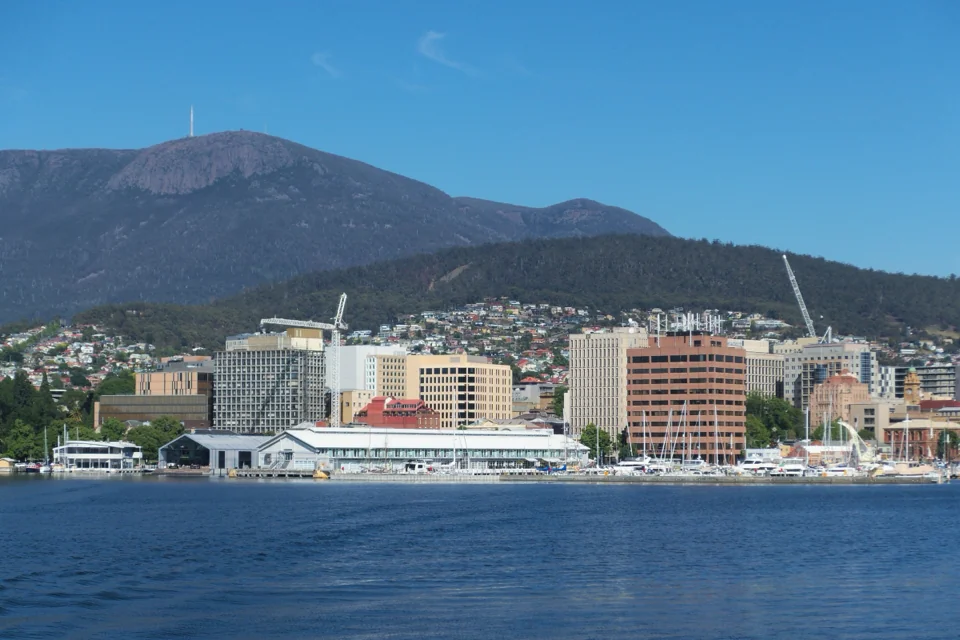 The Hobart waterfront and city centre below Mount Wellington