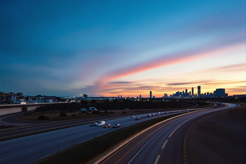 A wide highway curve sweeping toward the lit skyline at sunset in Houston