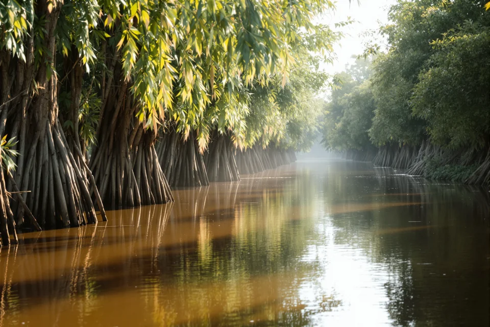 Houston yakınında servi ağaçlı bayou suyu sisli sabah ışığında durgun akıyor