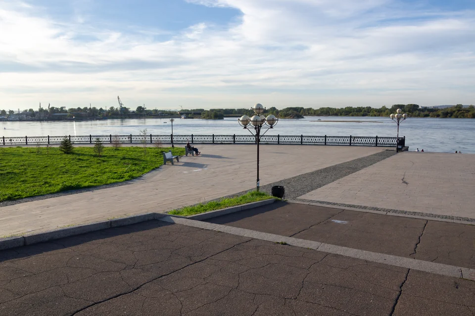 The wide riverside promenade on the Angara River in Irkutsk