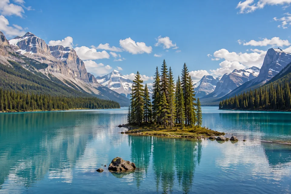 Spirit Island with its pines on Maligne Lake in Jasper National Park