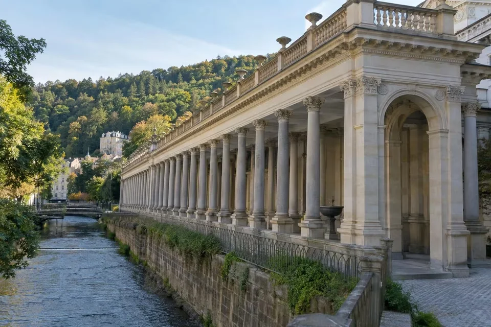 The row of columns of the Mill Colonnade in Karlovy Vary