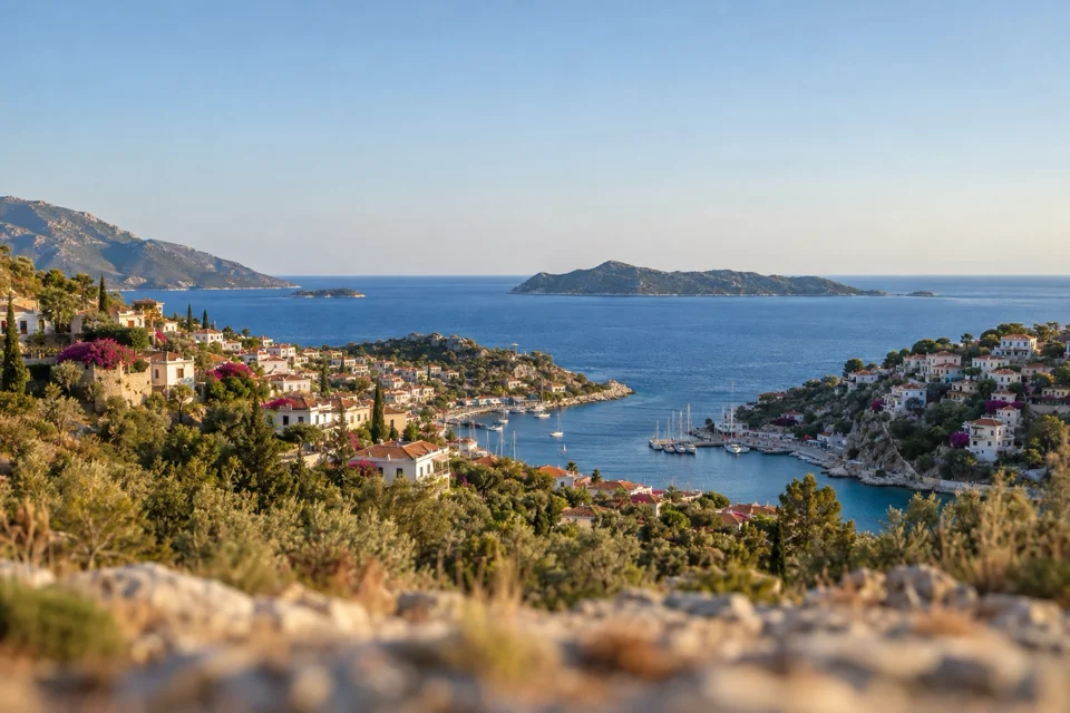 Kaş’ta yamaçtaki beyaz evler ve koy