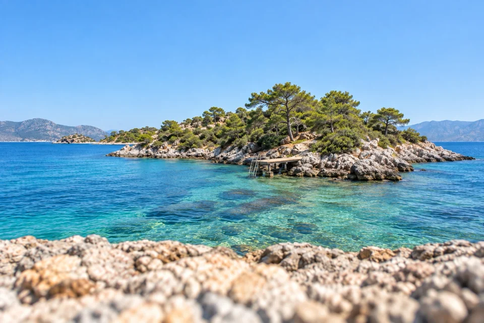 Kaş’ta turkuaz suda ahşap dalış iskelesi