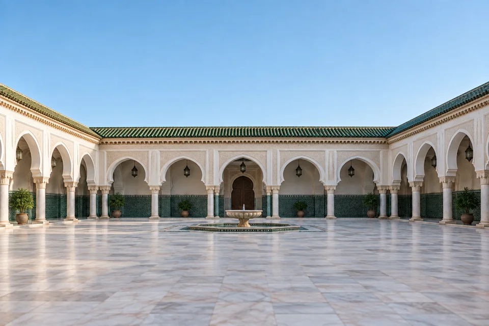 A zellij-tiled courtyard and fountain in Casablanca
