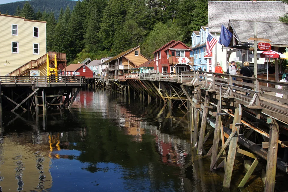 Colourful timber houses on stilts over the creek on Creek Street, Ketchikan