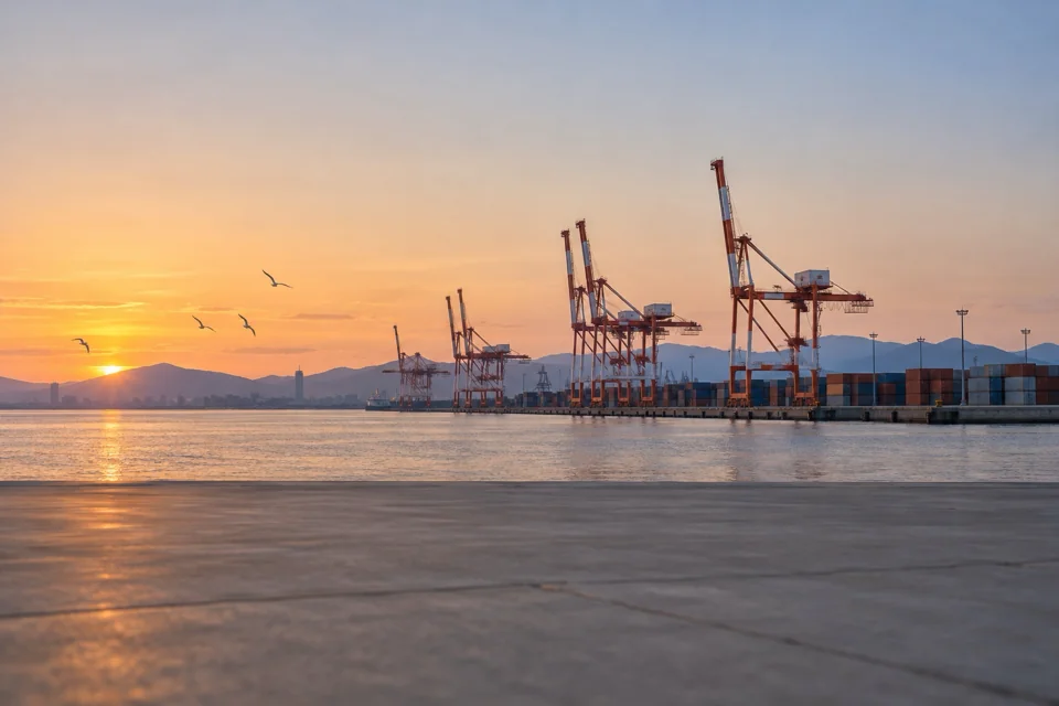 Container cranes at sunset in the port of Kobe