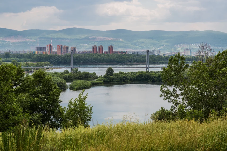 A green-banked arm of the Yenisei with a bridge, tower blocks and hills in the distance, Krasnoyarsk