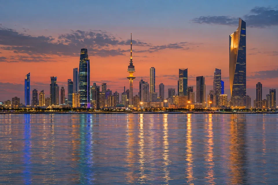The Kuwait City skyline and Al Hamra Tower reflected in the water at dusk