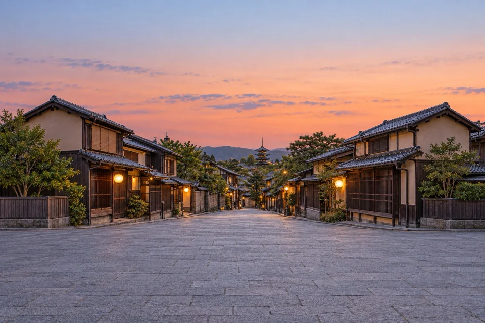 A stone street lined with wooden machiya houses in Kyoto